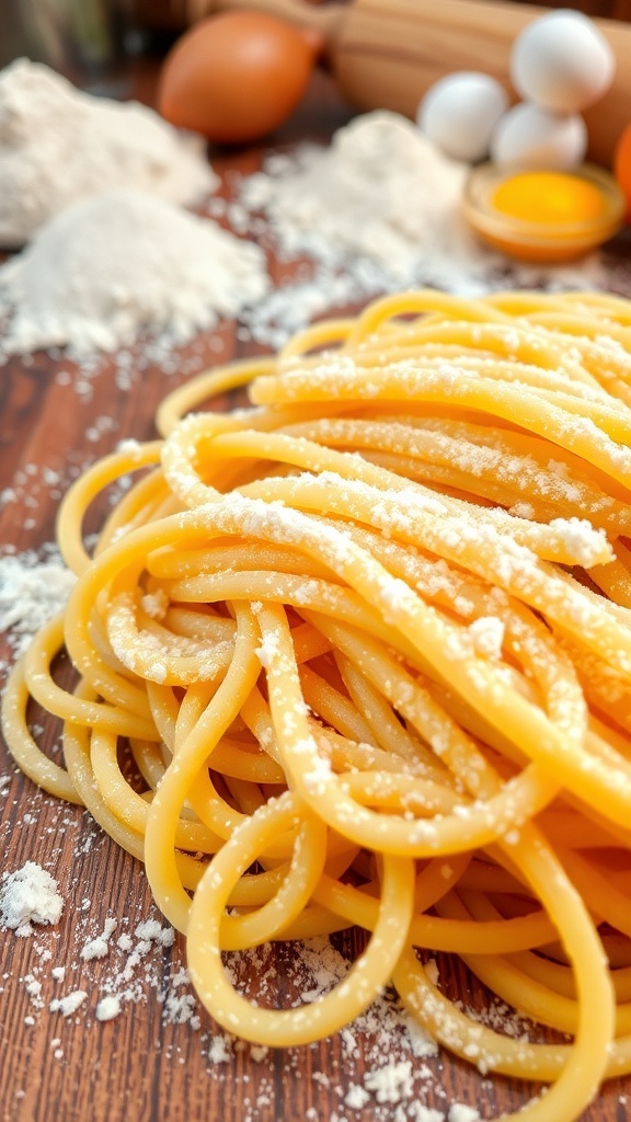 Homemade Noodles Recipe Freshly made homemade noodles on a wooden surface with flour and eggs.